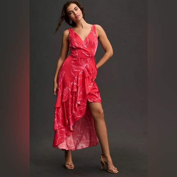 Hutch Dresses & Skirts - Hutch Anthropologie Ruffle Floral Wrap Dress Size Small In Red Floral Print